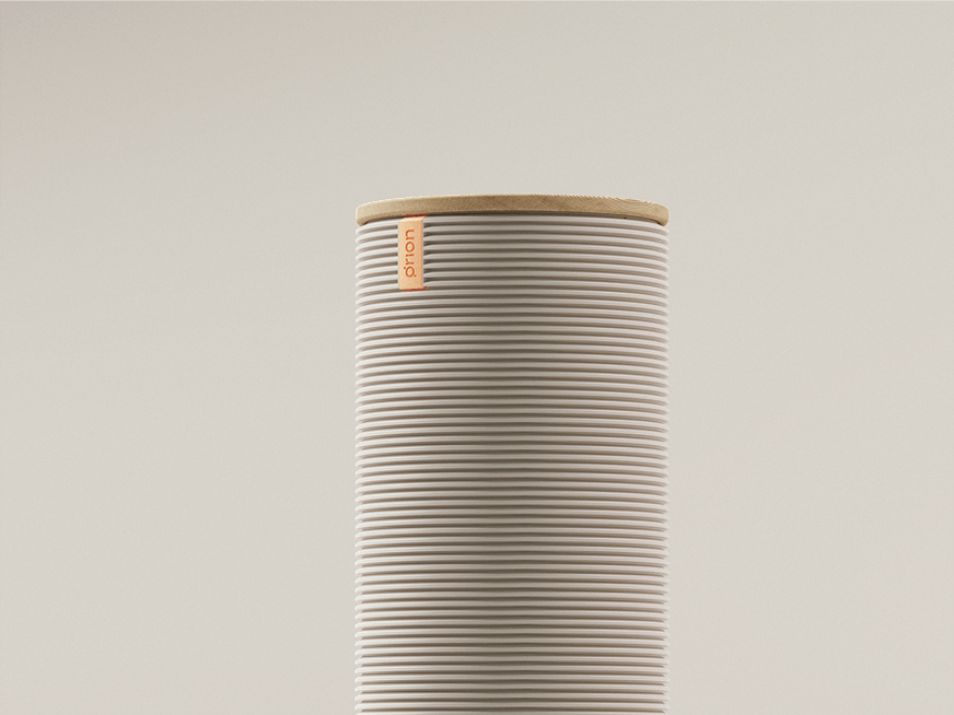 Top of an Orion sleep column with the natural oak surface and Orion brand tab.